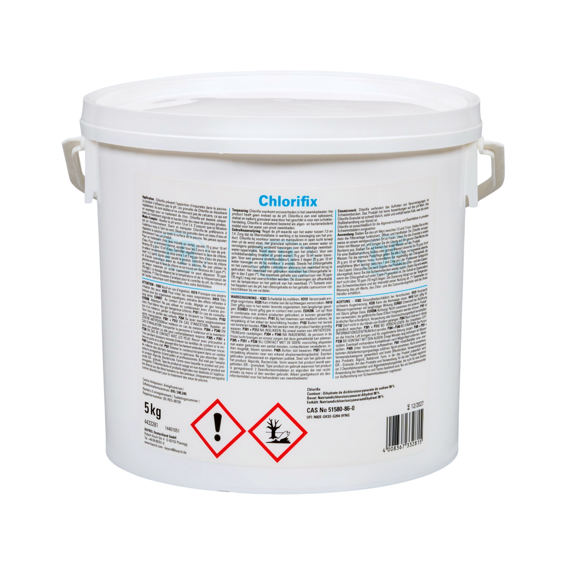 Etiket Bayrol Chlorifix met dosering en veiligheidsinfo