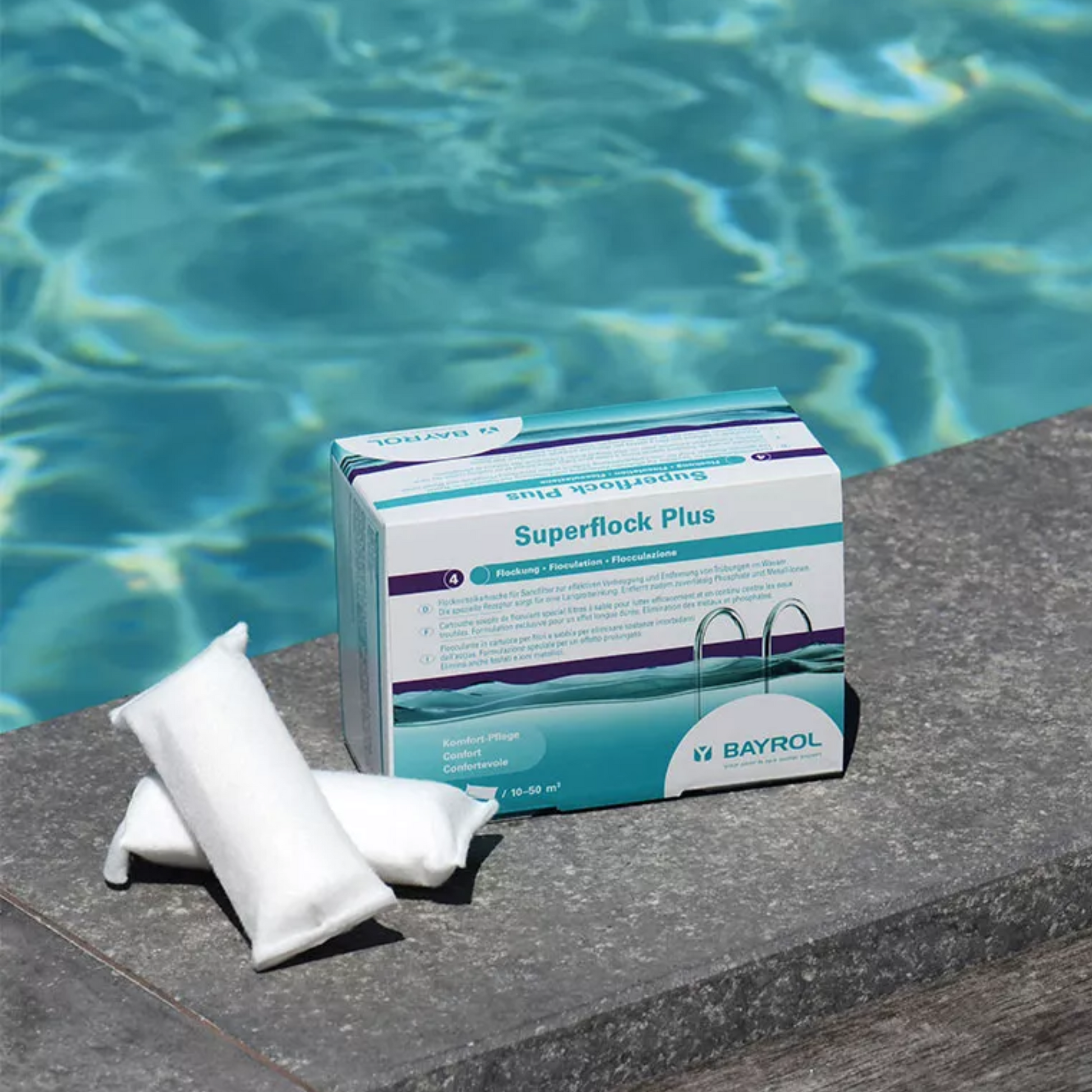 Helder zwembadwater dankzij Bayrol Superflock Plus