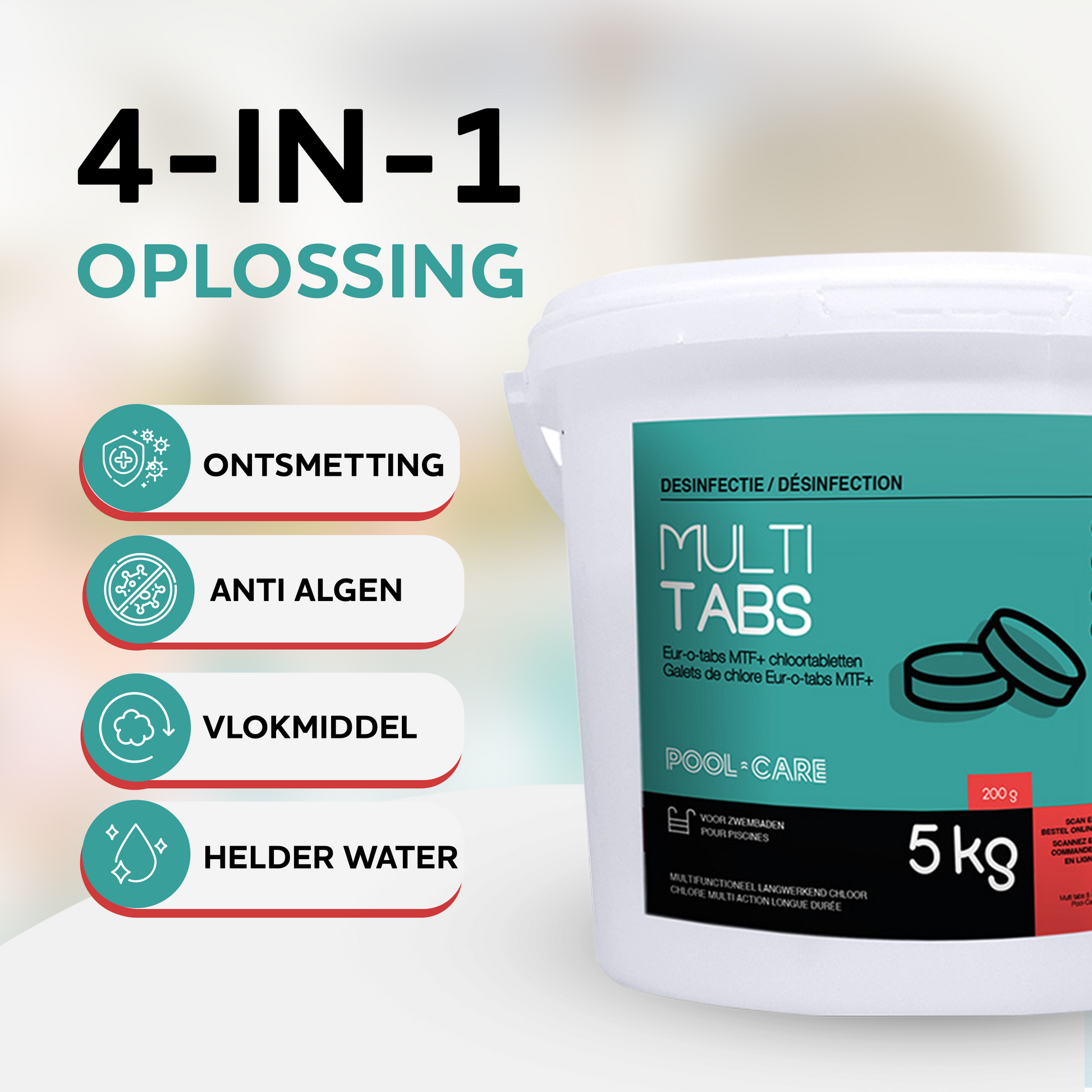Pool-care Multi Tabs chloortabletten 200 g / 5 kg - 4-in-1 oplossing - ontsmetting, anti-algen, vlokmiddel, helder water