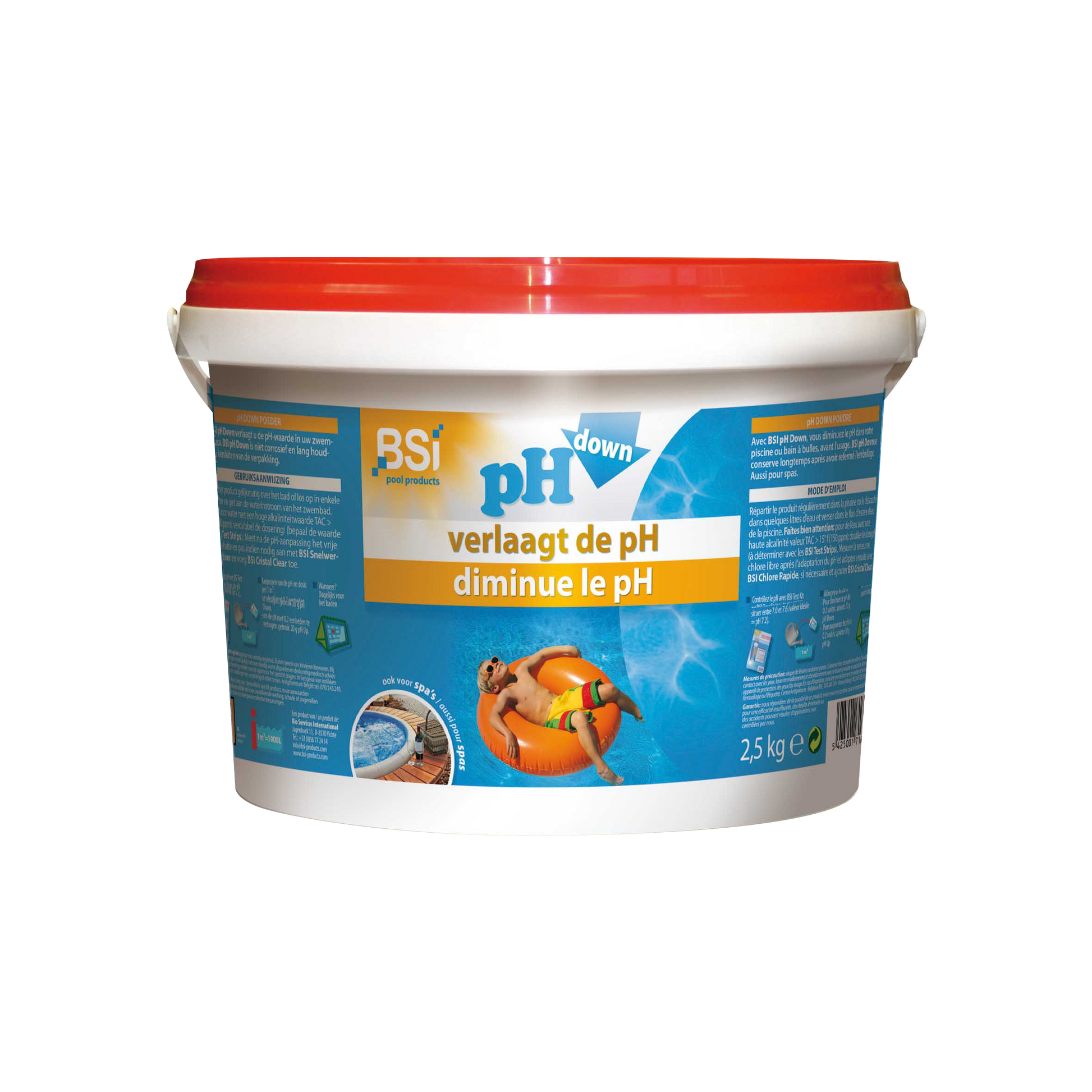 Verpakking BSI pH Down poeder 2,5 kg verlaagt pH-waarde zwembad of spa