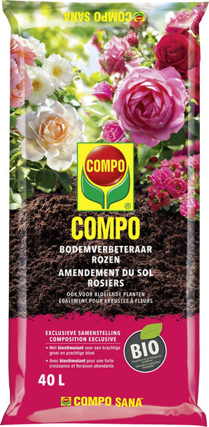 COMPO Bio Bodemverbeteraar Rozen & Bloeiende Planten - 100% natuurlijk - met biostimulant - voor een krachtige groei en prachtige bloei - zak 40L