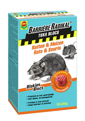 Barrière Radikal Toxa Blocs Ratten en Muizen - werkzaam vanaf de eerste iname - gebruik buiten - doos 12 x 25 g