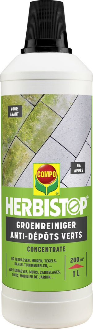 Herbistop Groenreiniger Concentrate - tegen groene aanslag - op terrassen, muren, tegels, daken, tuinmeubelen, ... - fles 1L (200 m²)