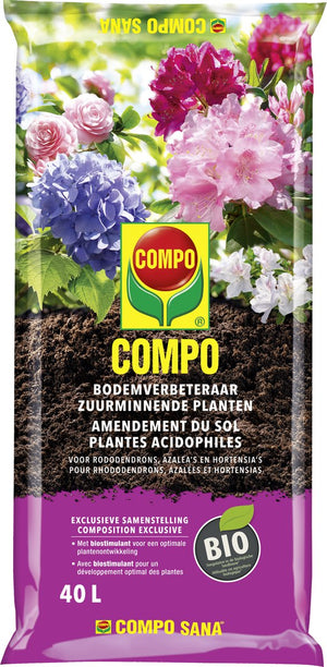 COMPO Bio Bodemverbeteraar Zuurminnende Planten - 100% natuurlijk - met biostimulant - voor een krachtige groei en bloemrijke ontwikkeling - zak 40L
