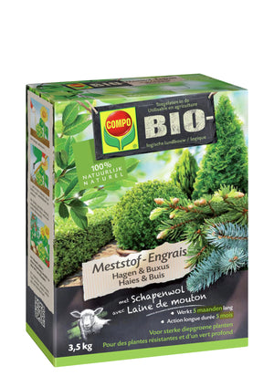 COMPO Bio Meststof Hagen en Buxus - 100% organische meststof met directe en lange werking van 5 maanden - voor sterke diepgroene planten - doos 3,5 kg