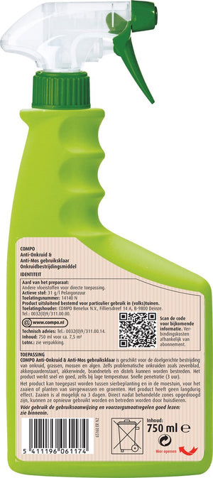COMPO Anti-Onkruid & Anti-Mos Spray totaal - natuurlijke ingrediënten - eerste resultaten binnen 3 uur - spray 750 ml (7,5 m²)
