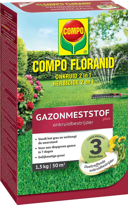 COMPO Gazonmeststof plus Onkruidbestrijder - lange werking 3 maanden - diepgroen gazon in 7 dagen - doos 1,5 kg (50 m²)