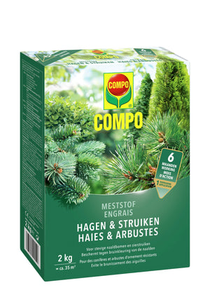 COMPO Meststof Hagen & Struiken - directe en lange werking 6 maanden - voor alle naaldbomen, hagen en groenblijvende gewassen - doos 2 kg