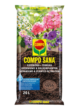 COMPO SANA Potgrond Geraniums & Balkonplanten - incl. meststof 100 dagen werking - voor een prachtige, rijke bloei - zak 20L