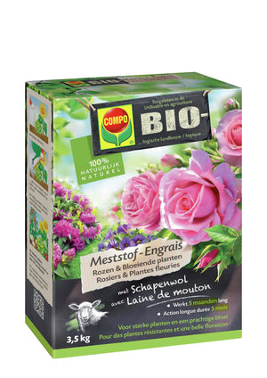 COMPO Bio Meststof Rozen & Bloeiende Planten - 100% organische meststof met directe en lange werking van 5 maanden - voor een prachtige bloei - doos 3,5 kg
