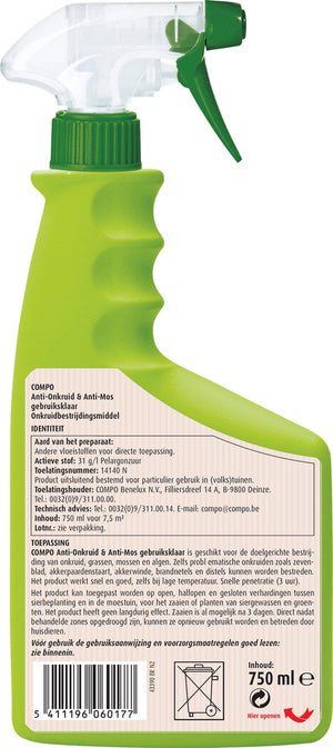 COMPO Anti-Onkruid & Anti-Mos Spray Opritten & Paden - natuurlijke ingrediënten - eerste resultaten binnen 3 uur - spray 750 ml (7,5 m²)