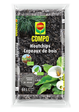 COMPO Houtchips Antraciet - decoratieve bodembedekker voor paden, bloemperken, speelruimten - kaliber 20-40 mm - zak 55L