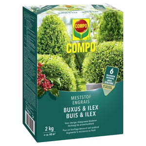COMPO Meststof Buxus & Ilex - directe en lange werking 6 maanden - voor een stevige groei en diepgroene bladeren - doos 2 kg