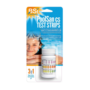 PoolSan 3-in-1 teststrips - verpakking met 50 strips voor meting van pH, koper en alkaliniteit in zwembadwater