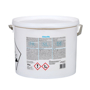 Etiket Bayrol Chlorifix met dosering en veiligheidsinfo