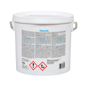 Etiket Bayrol Chlorifix met dosering en veiligheidsinfo