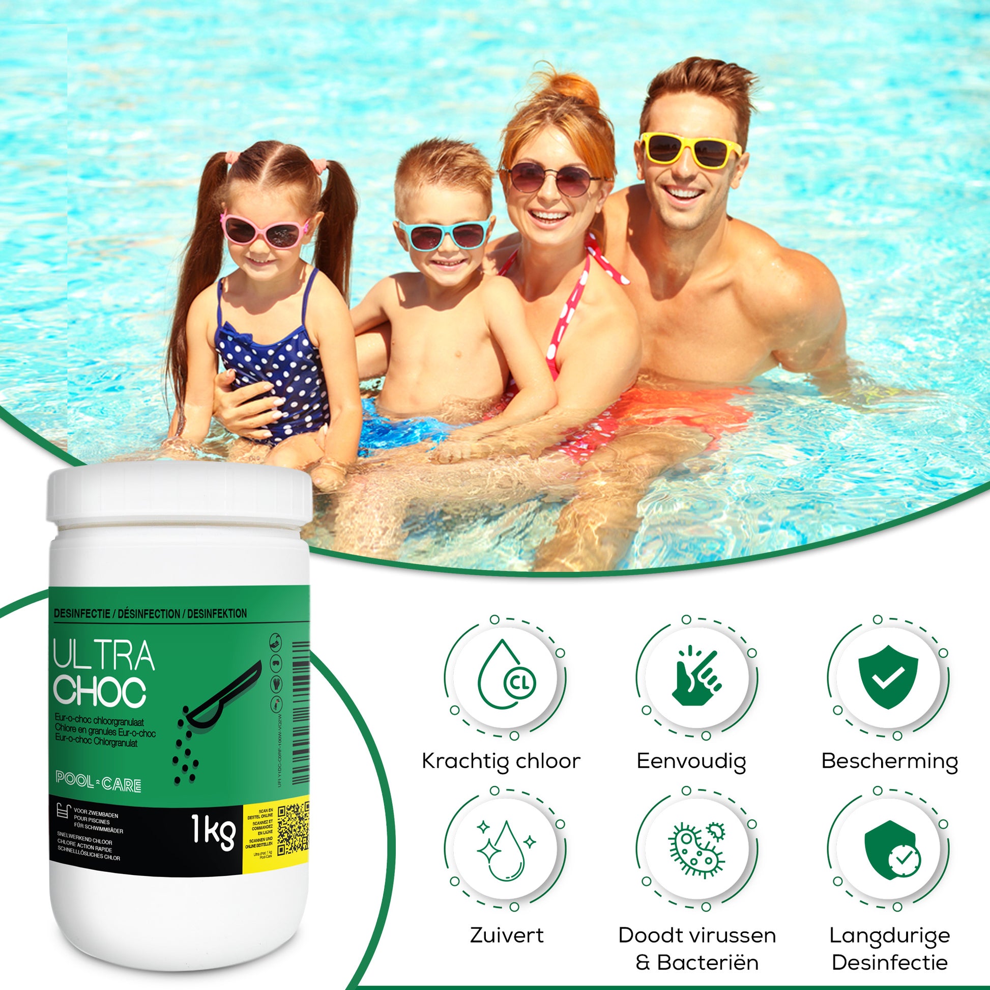 Pool-care Ultra Choc chloorgranulaat 1 kg - Krachtig chloor, eenvoudig, bescherming, zuivert, doodt virussen en bacteriën, langdurige desinfectie