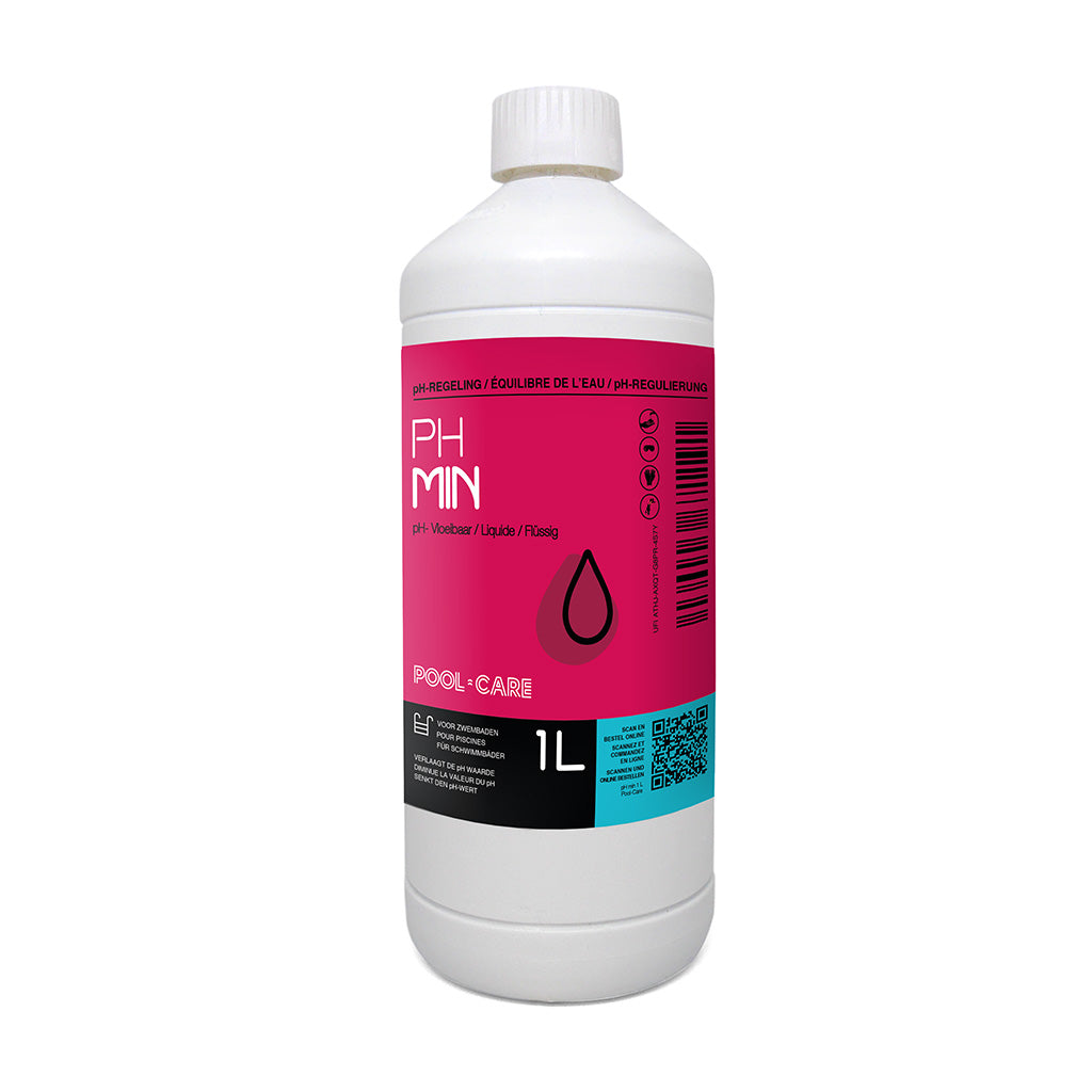 Pool-care pH Min vloeibaar (zwavelzuur 15%) 1 L - houdt de pH-waarde tussen de 7.2 en 7.6, waardoor je zwembadwater in perfecte conditie blijft