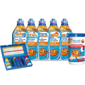 BSI Start Set voor zwembaden. Bevat alles voor helder, hygiënisch water: chloor, pH-regelaars, flocculant, kalkverwijderaar en testkit.