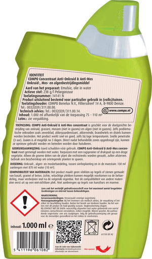 COMPO Anti-Onkruid & Anti-Mos totaal - natuurlijke ingrediënten - concentraat - eerste resultaten binnen 3 uur - fles 1L (75-110 m²)