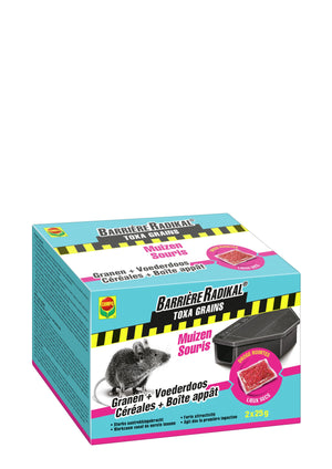 Barriere Radikal Toxa Grains Muizen - werkzaam vanaf de eerste inname - gebruik in droge ruimtes - doos 2 x 25 g (+ voederdoos)