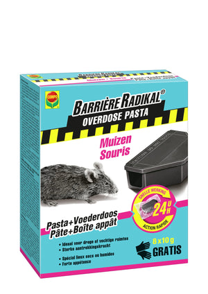 Barriere Radikal Overdose Pasta 24H Muizen - droge en vochtige ruimtes - snelle werking 24 uur - met voederdozen - 8 x 10 g