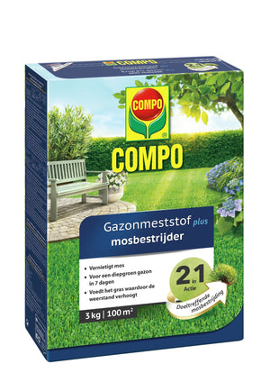 COMPO Gazonmeststof Plus Mosbestrijder - 2 in 1 : voedt het gazon + bestrijdt mos - snel herstel van het gazon - doos 3 kg (100 m²)