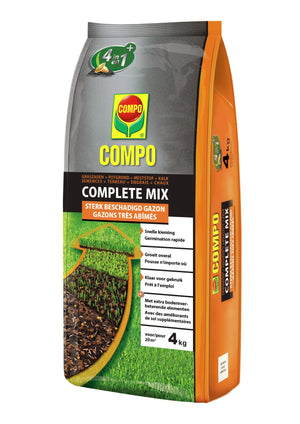 COMPO Complete Mix - herstel van sterk beschadigde gazons - 4 in 1 : graszaden, potgrond, meststof + kalk - snelle kieming - zak 4 kg (20 m²)