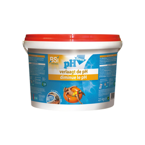 Verpakking BSI pH Down poeder 2,5 kg verlaagt pH-waarde zwembad of spa